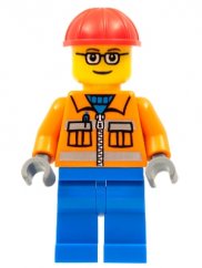 cty0110 Construction Worker - Orange Zipper, Safety Stripes, Orange Arms, Blue Legs, Red Construction Helmet, Brown Eyebrows, Glasses