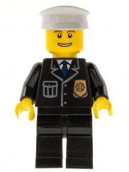 cty0098 Police - City Suit with Blue Tie and Badge, Black Legs, Thin Grin with Teeth, White Hat