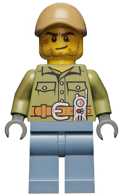 cty0683 Volcano Explorer - Male, Shirt with Belt and Radio, Dark Tan Cap with Hole, Crooked Smile and Scar