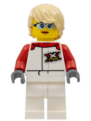 cty1111 Female, White and Red Jumpsuit with 'XTREME' Logo, Tan Tousled Hair, Sunglasses and Closed Mouth Grin