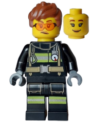 cty1748 Fire - Female, Black Jacket and Legs with Reflective Stripes, Reddish Brown Messy Hair, Safety Glasses