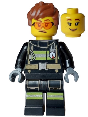 cty1748 Fire - Female, Black Jacket and Legs with Reflective Stripes, Reddish Brown Messy Hair, Safety Glasses
