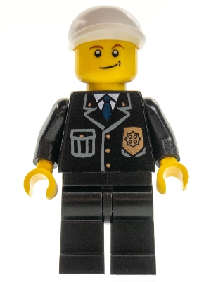 cty0199 Police - City Suit with Blue Tie and Badge, Black Legs, White Short Bill Cap, Crooked Smile