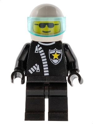 cop005 Police - Zipper with Sheriff Star, White Helmet, Trans-Light Blue Visor, Sunglasses