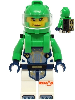 cty1726 Astronaut - Female, White Spacesuit with Bright Green Arms, Bright Green Helmet, Trans-Clear Visor, Bright Green Harness with Solar Panel and Black Clip