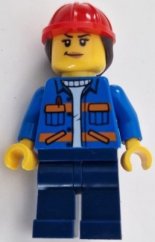 cty1605 Construction Worker - Female, Blue Jacket with Diagonal Lower Pockets and Orange Stripes, Dark Blue Legs, Red Construction Helmet with Dark Brown Ponytail Hair