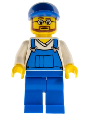 cty0268 Overalls Blue over V-Neck Shirt, Blue Legs, Blue Short Bill Cap, Beard and Glasses