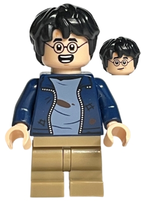 hp364 Harry Potter - Dark Blue Open Jacket over Sand Blue Shirt with Dirt Stains, Dark Tan Medium Legs, Lopsided Grin / Open Mouth Smile with Teeth Parted