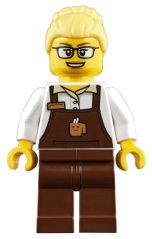 trn249 Barista - Female, Reddish Brown Apron with Cup and Name Tag, Reddish Brown Legs, Bright Light Yellow Hair, Glasses