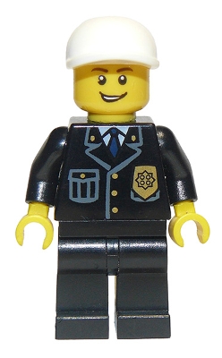 cty0210 Police - City Suit with Blue Tie and Badge, Black Legs, White Short Bill Cap, Open Grin