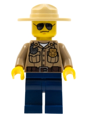 cty0264 Forest Police - Dark Tan Shirt with Pockets, Radio and Gold Badge, Dark Blue Legs, Campaign Hat, Black and Silver Sunglasses