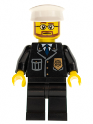 cty0097 Police - City Suit with Blue Tie and Badge, Black Legs, White Hat, Beard and Glasses