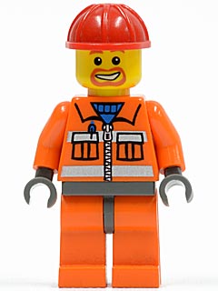 cty0041 Construction Worker - Orange Zipper, Safety Stripes, Orange Arms, Orange Legs, Dark Bluish Gray Hips, Red Construction Helmet
