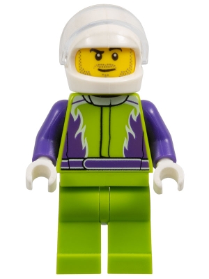 cty1107 Monster Truck Driver, Lime Legs and Jacket with Purple Flames and Arms, White Helmet