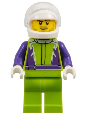 cty1107 Monster Truck Driver, Lime Legs and Jacket with Purple Flames and Arms, White Helmet