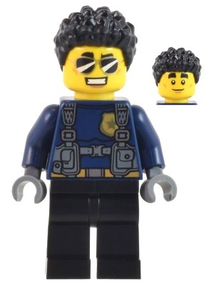 cty1042 Police Officer - Male, Dark Blue Shirt with Harness, Black Legs, Black Coiled Hair, Sunglasses (Duke DeTain)