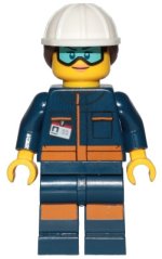 cty1060 Ground Crew Technician - Female, Dark Blue Jumpsuit, White Construction Helmet with Dark Brown Ponytail Hair, Light Blue Goggles