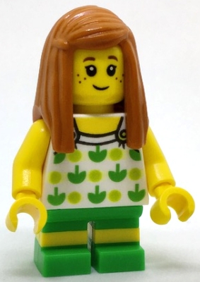 cty0761 Child - Girl, White Halter Top with Green Apples and Lime Spots, Bright Green Short Legs with Molded Yellow Stripes, Dark Orange Long Hair, Freckles