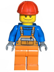 cty0011 Overalls with Safety Stripe Orange, Orange Legs, Red Construction Helmet, Straight Smile