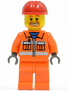 cty0111 Construction Worker - Orange Zipper, Safety Stripes, Orange Arms, Orange Legs, Red Construction Helmet, Beard Around Mouth