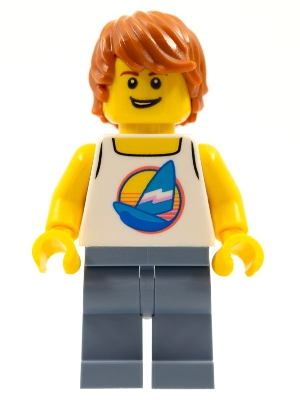 cty1149 Surfer - Male, White Tank Top with Dark Azure Sailboat, Sand Blue Legs, Dark Orange Tousled Hair