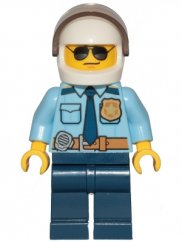 cty1249 Police - City Officer Shirt with Dark Blue Tie and Gold Badge, Dark Tan Belt with Radio, Dark Blue Legs, White Helmet, Sunglasses