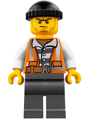cty0779 Police - City Bandit Crook Orange Vest, Dark Bluish Gray Legs, Black Knit Cap, Beard Stubble and Scowl
