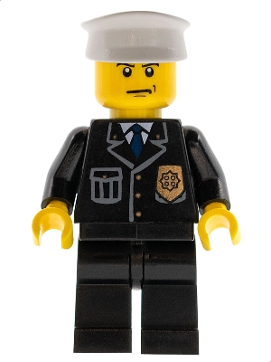cty0008 Police - City Suit with Blue Tie and Badge, Black Legs, Scowl, White Hat