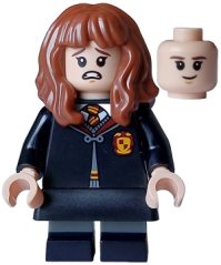 hp468 Hermione Granger - Gryffindor Robe Clasped, Black Skirt, Black Short Legs with Dark Bluish Gray Stripes, Open Mouth Scared / Closed Mouth Grin