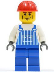 ovr031 Overalls Striped Blue with Pocket, Blue Legs, Red Construction Helmet, Cheek Lines, Dark Bluish Gray Hands