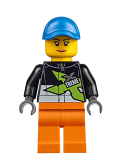cty0543 Xtreme Powerboat Driver, Female, Black Racing Jacket, Orange Legs, Blue Seamed Cap