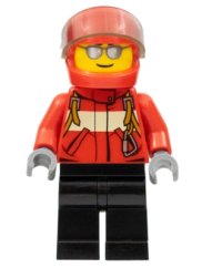 cty0678 City Pilot Male, Red Fire Suit with Carabiner, Black Legs, Red Helmet, Silver Sunglasses