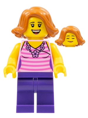 twn330 Woman, Striped Pink Shirt with Flower Necklace, Dark Purple Legs, Dark Orange Female Hair Short Swept Sideways