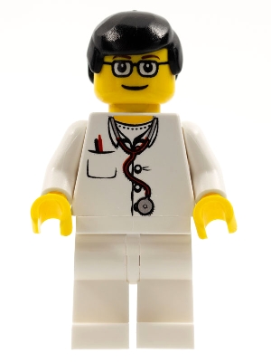 doc024 Doctor - Lab Coat, Stethoscope and Thermometer, White Legs, Black Male Hair, Glasses