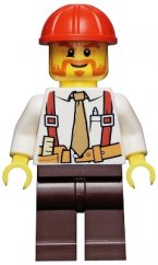 cty0529 Construction Foreman - Shirt with Tie and Suspenders, Dark Brown Legs, Red Construction Helmet