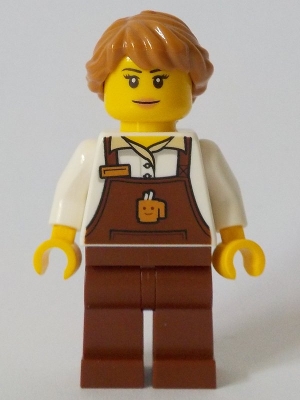 cty1049 Barista - Female, Reddish Brown Apron with Cup and Name Tag, Reddish Brown Legs, Medium Nougat Hair