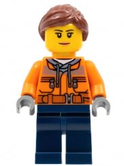 cty0798 Cargo Center Worker - Female, Orange Safety Jacket, Reflective Stripe, Sand Blue Hoodie, Dark Blue Legs, Reddish Brown Hair, Peach Lips