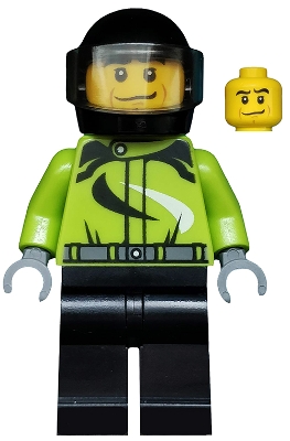 cty0475 Monster Truck Driver, Racing Suit with Black and White Swirls, Black Helmet with Trans-Brown Visor, Crooked Smile