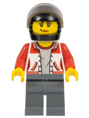 cty0729 ATV Driver - Female, Jacket with Number 8 on Back, Dark Bluish Gray Legs, Black Helmet