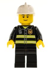 cty0090a Fire - Reflective Stripes, Black Legs, White Fire Helmet, Black Eyebrows, Thin Grin, Yellow Hands