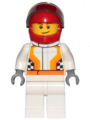 cty0874 Race Car Driver, White Racing Suit with Orange Stripes and Checkered Pattern, Red Helmet, Crooked Smile with Brown Dimple