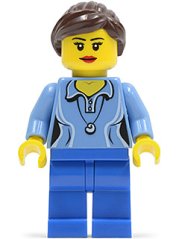 twn213 Medium Blue Female Shirt with Two Buttons and Shell Pendant, Blue Legs, Dark Brown Ponytail and Swept Sideways Fringe