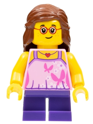 cty0767 Child - Girl, Bright Pink Top, Dark Purple Legs, Reddish Brown Hair, Glasses, Freckles