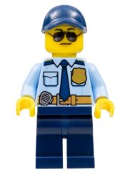 cty0981 Police - City Officer Shirt with Dark Blue Tie and Gold Badge, Dark Tan Belt with Radio, Dark Blue Legs, Dark Blue Cap, Sunglasses