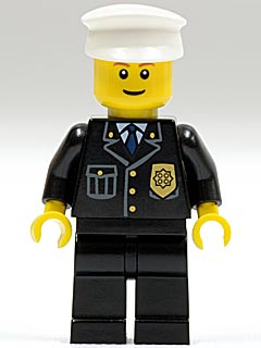 cty0005 Police - City Suit with Blue Tie and Badge, Black Legs, White Hat, Brown Eyebrows, Thin Grin