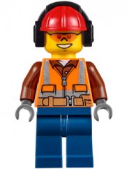 cty0527 Construction Worker - Male, Orange Safety Vest, Reflective Stripes, Reddish Brown Shirt, Dark Blue Legs, Red Construction Helmet with Black Headphones, Orange Safety Glasses