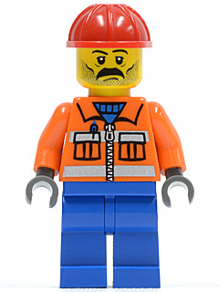 cty0016 Construction Worker - Orange Zipper, Safety Stripes, Orange Arms, Blue Legs, Red Construction Helmet, Stubble