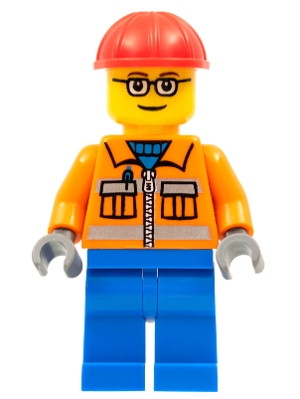 cty0110 Construction Worker - Orange Zipper, Safety Stripes, Orange Arms, Blue Legs, Red Construction Helmet, Brown Eyebrows, Glasses