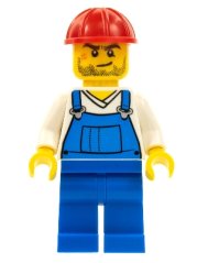 cty0555 Overalls Blue over V-Neck Shirt, Blue Legs, Red Construction Helmet, Crooked Smile and Scar