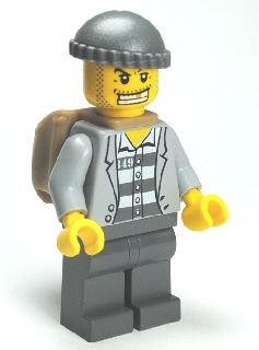 cty0201 Police - Jail Prisoner Jacket over Prison Stripes, Dark Bluish Gray Legs, Dark Bluish Gray Knit Cap, Gold Tooth, Backpack
